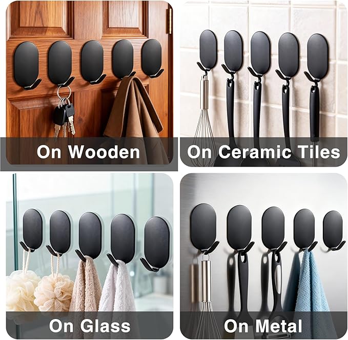 Sticky Adhesive Hooks for Hanging, Key Hooks, Stainless Steel Wall Hooks, Command Hooks, Coat Hooks, Door Hooks, Towel Hanger, Metal Hook, Utility Hooks,Picture Hanger, Storage Hooks, 10Pcs (Black)