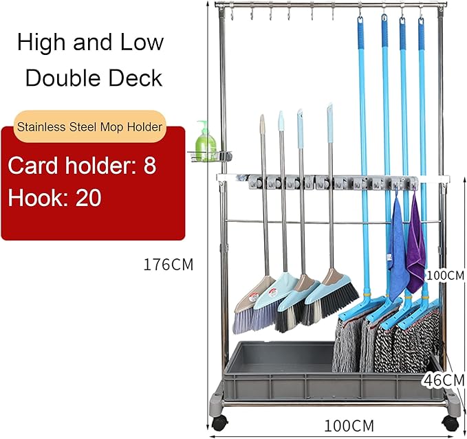 Movable Commercial Mop Rack,Floor Standing Cleaning Tool Cart Storage,Mop and Broom Garden Tool Holder,Housekeeping Cart, Umbrella Stand,Double Deck Stainless Steel Bracket,can Put Wet Mop (Color :