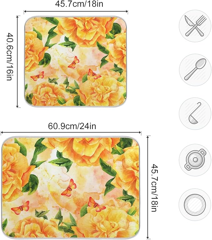 Tarity Watercolor Yellow Rose Dish Drying Mat for Kitchen Counter Absorbent Heat Resistant Microfiber Dishes Drainer Mat 18x24 in Large Dish Pad Sink Mat Protective Pad Kitchen Decor