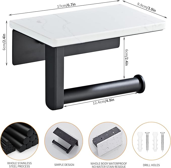 Matte Black Toilet Paper Holder with Shelf, 304 Stainless Steel Screw Wall Mounted, Marble Tissue Roll Holder with Storage