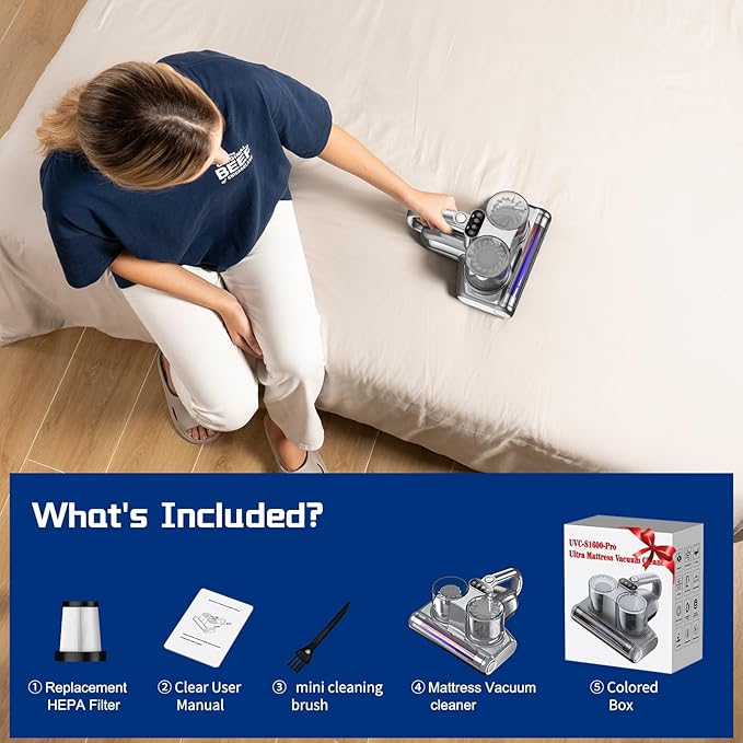 Bed Vacuum Cleaner 5 in 1 with Mattress Vacuum 16Kpa Suction 253.7nm UV-C Light, HEPA Filtration, Ultrasonic, Heating, 30000Rpm/Min Brushroll Rotation, Replacement Filter Included, 500W, Corded