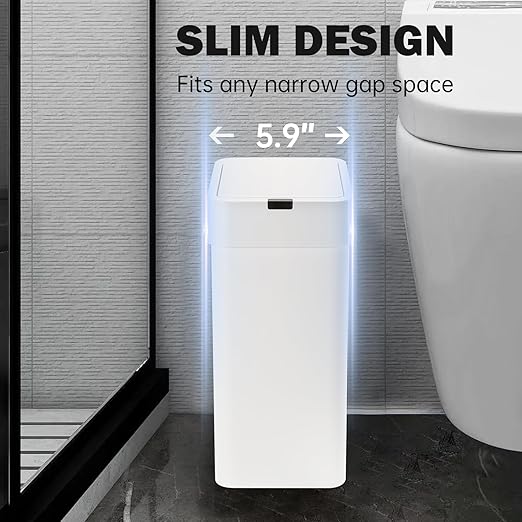 2 Pack Bathroom Trash Can with Lid - 2.5 Gal and 4 Gal Motion Sensor Garbage Bin, Smart Rubbish Bin, Waterproof Slim Dustbin, Automatic Plastic Trash Can for Bathroom, Office, White