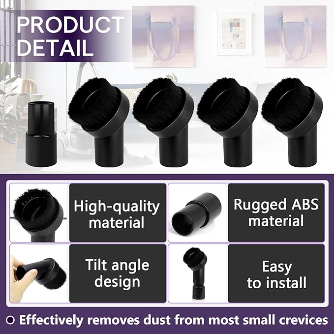 5PCS Fiber Brush Vacuum Attachment Set - Black Round Vacuum Attachments & Brushes - Shop Vac Brush Attachment for Most Vacuum Cleaners Accessories - 1 1/4" Vacuum Attachments Included