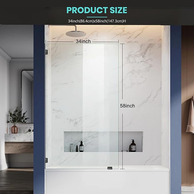 34" W x 58" H Frameless Single Fixed Bath Panel, Fixed Bathtub Screen with Clamps, 1/4" Clear Glass, Bathroom Shower Door Screen Fixed Tub Shower Glass Door Panel in Matte Black