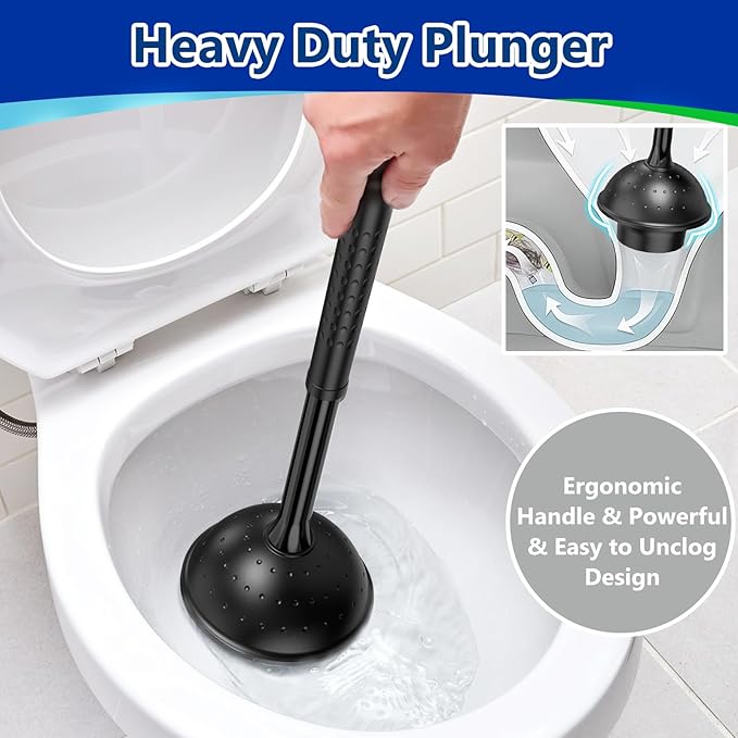 Toilet Brush and Plunger Set: 2-in-1 Heavy Duty Toilet Plunger and Bowl Brush Combo with Holder for Bathroom Cleaning - Black