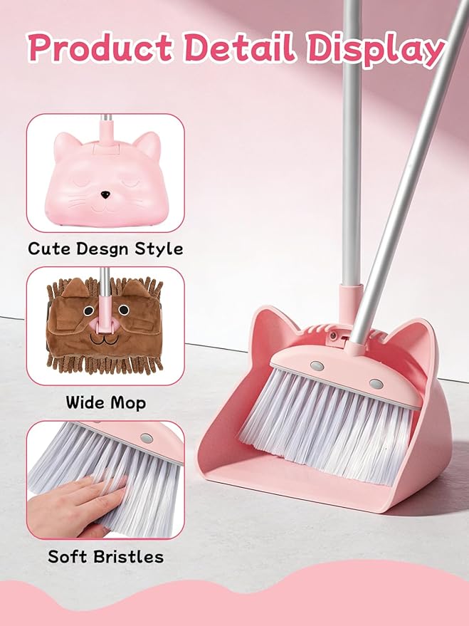 Kids Cleaning Toy 3-Piece Set - Broom, Dustpan & Mop | 28-Inch Mini Broom, Toddler Household Helper, Perfect Tool for Cleaning Tiny Corners, Adorable Cartoon Style (Pink)