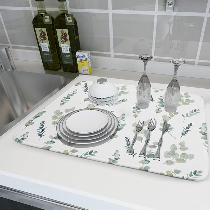 Eucalyptus Leaf Dish Drying Mat for Kitchen Counter Spring Summer Seasonal Microfiber Absorbent Dish Draining Reusable Washable Foldable Extra Large 18"x24"