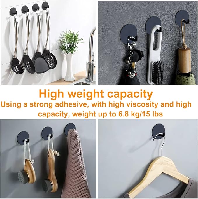 Adhesive Towel Hooks for Bathroom, 15LB Strong Hanger Stick on Wall and Door No Damage, Drill Free, Waterproof, Stainless Steel Sticky Hooks for Hanging, Matte Black, 8 Pack