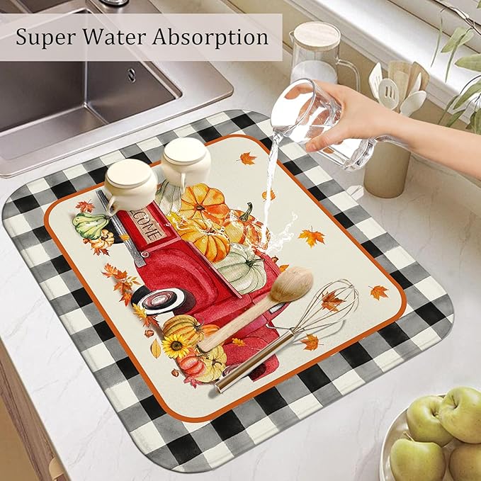 Fall Dish Drying Mat for Kitchen Counter,Autumn Buffalo Plaid Truck Pumpkin Pattern Microfiber Drying Mat,Washable Absorbent Kitchen Countertop Harvest Thanksgiving Dish Mat Drain Mat,16x18 Inch