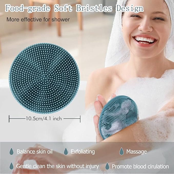 INNERNEED Food-Grade Soft Silicone Body Scrubber Shower Brush Handheld Cleansing Skin Brush, Gentle Exfoliating and Lather Well (Dark Green+Pink)