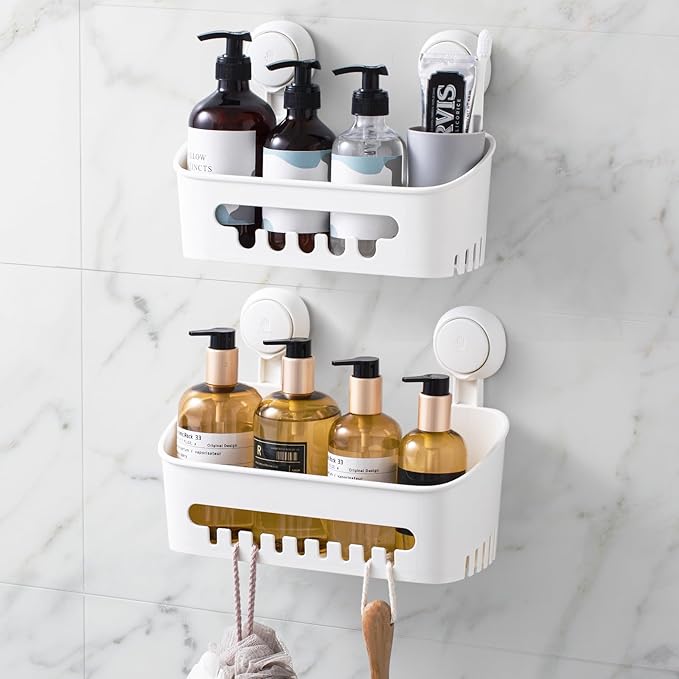 LEVERLOC Shower Caddy Suction Cup Shower Shelves Basket Pack of 2 One Second Installation Removable Powerful Suction Cup Bathroom Organizer Max Hold 22lbs Shower Storage Plastic