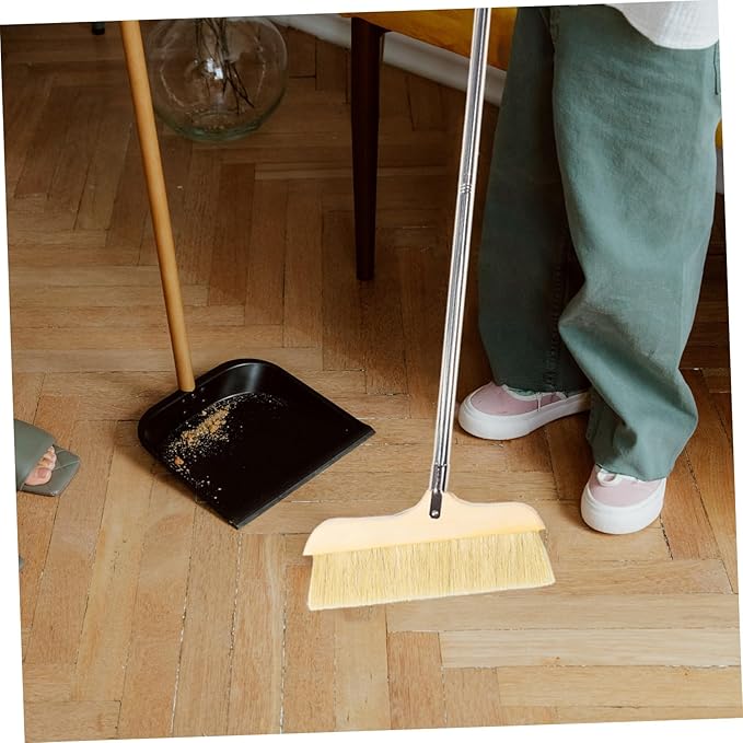 Natural Bristle Broom Soft Floor Brush Stainless Steel Pole Home Cleaning Tool
