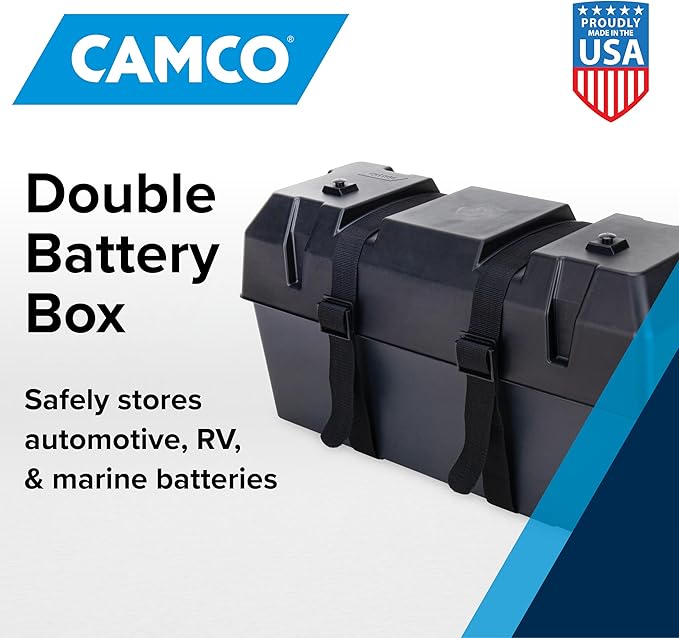 Camco Double Battery Box - Safely Stores RV, Automotive, and Marine Batteries - Features a Heavy-Duty Corrosion-Resilient Polymer Construction and Measures Inside 21-1/2" x 7-3/8" x 11-3/16" (55375)