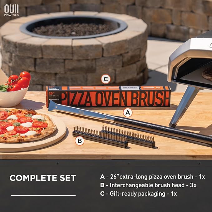 26'' Pizza Oven Brush with Stone Scraper - Includes 3 Brush Heads, Heat-Resistant Silver Stainless Steel Bristles - Long Grip Handle, Compatible with Ooni, Gozney, Blackstone, Solo Stove Ovens
