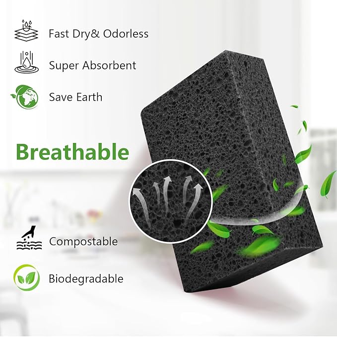 Cleaning and Washing Sponge, 3 Pack Large Extra Thick Heavy Duty Sponge Multi-Purpose for Kitchen Bathroom Bike Boat Car, Natural Cellulose Sponges 4" X 6" X 2" (Black)