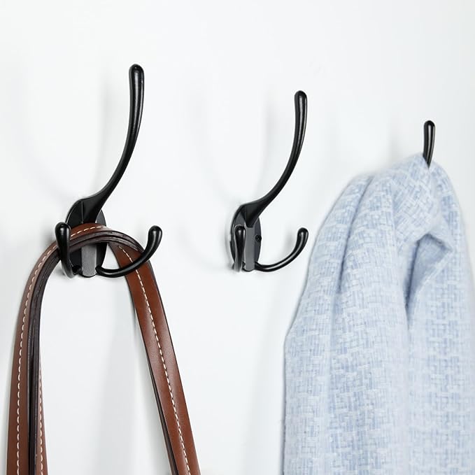 Aynoo 5 Pack Big Heavy Duty Three Prongs Coat Hooks,Wall Hooks,Wall Mounted Metal Towel Coat Rack Hanger Hardware,Black