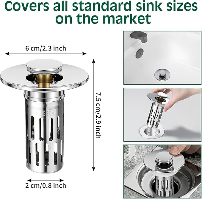 3 in 1 Sink Drain Strainer with Hair Catcher,8PCS Stainless Steel Popup Sink Stopper with Basket for Bathroom Kitchen Shower,Pop-up Bounce Core Floor Basin Drain Filter,Replacement Sink Plug