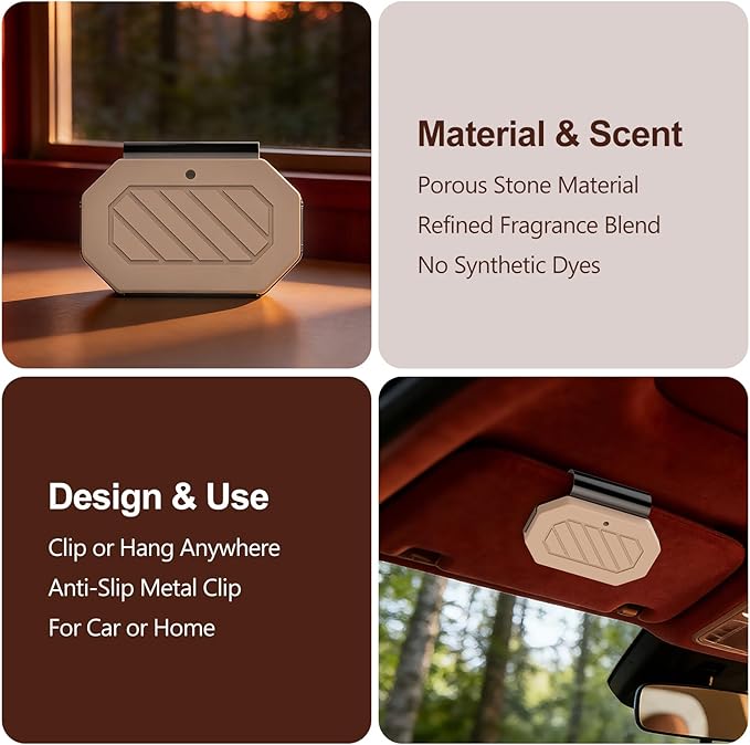 Car Air Freshener, 2-in-1 Stone Car Freshener with Visor Clip & Hanging Scent Diffuser, Natural Scent Stone Diffuser, Long-Lasting Odor Eliminator for Car or Home, Textured Amber