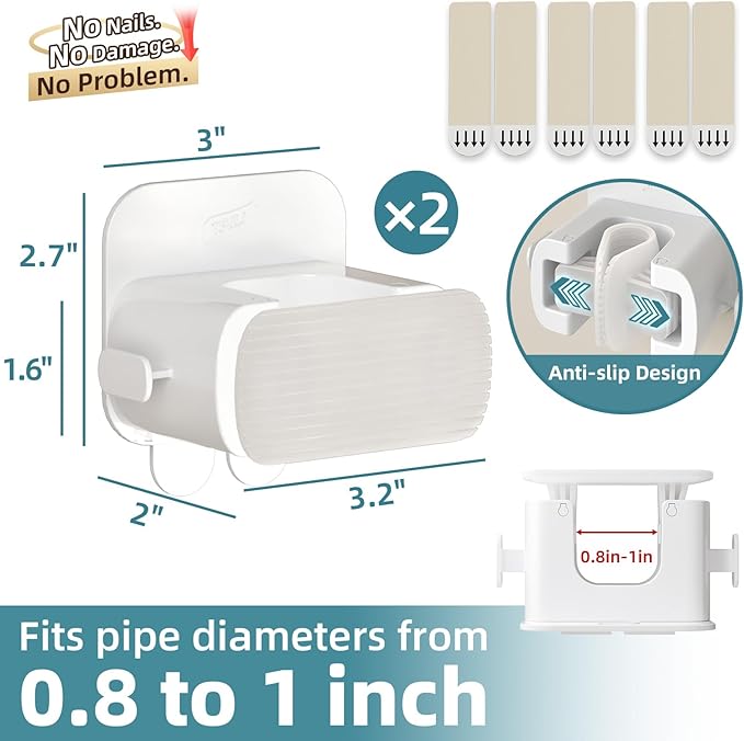 TAILI Mop and Broom Holder Wall Mount Grippers, 2 Hangers and 6 Adhesive Strips, Damage Free Hanging Wall Mount, Household Cleaning Organizer for Organization and Storage, Holds up to 4 lbs, White