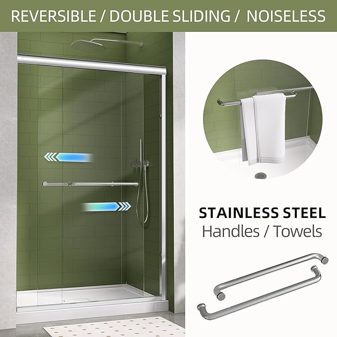 GETPRO Sliding Shower Door 44-48 in. W x 72 in. H Semi-Frameless Bypasss Double Sliding Glass Shower Doors,1/4 inch Clear Tempered Glass Door for Walk-in Shower Chrome