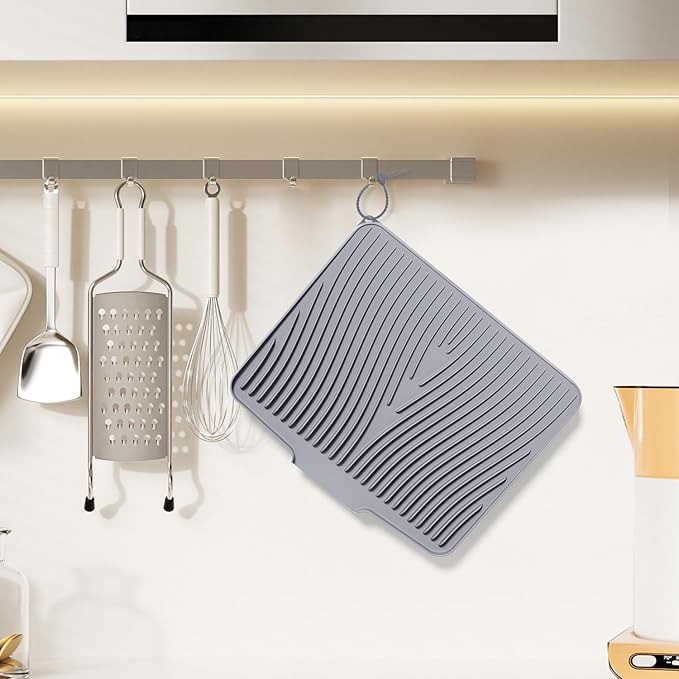 Silicone Dish Drying Mat for Kitchen Counter, Dish Drying Pad, Non-Slip Drain Pad with Built-in Drain, Heat Resistant Stone Drying Mat,Grey, 2pcs-XL