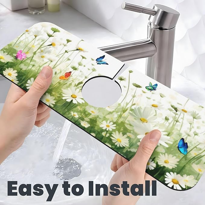 Vintage Watercolor Daisy Butterfly Dish Drying Mat for Kitchen Counter, 16"x18" Microfiber Absorbent Fast Dry Mat, 2Pcs Dish Mat Faucet Mats Sets, Large Drying Kitchen Mat Kitchen Drying Pad