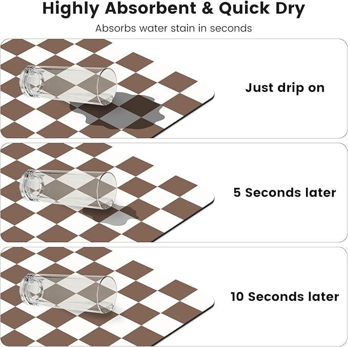17" x 32" Checkered Dish Drying Mat for Kitchen Counter, Absorbent Coffee Bar Mat for Espresso Machine Coffee Countertops Accessories (Coffee Brown)