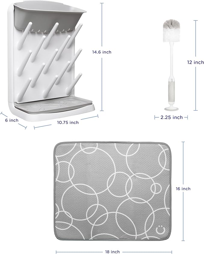 Ubbi Vertical Bottle Drying Rack, Bottle Brush & Microfiber Drying Mat Bundle, Newborn Baby Essentials, Baby Registry Must Haves, New Parent Gifts, Gray