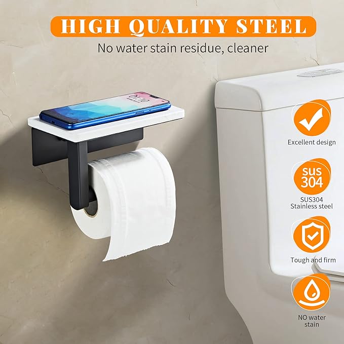 Matte Black Toilet Paper Holder with Shelf, 304 Stainless Steel Screw Wall Mounted, Marble Tissue Roll Holder with Storage