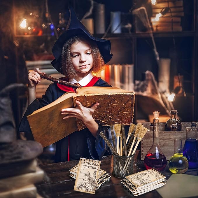 24 Pcs Magical Wizard Notepads Set Spiral Notebooks and Magic Wand Pencils Witch Broom Pencils Castle Magical Wizard School Mini Notepads Small Pocket Journal Goodie Bag Stuffers for Wizard School Classroom Favors Supplies