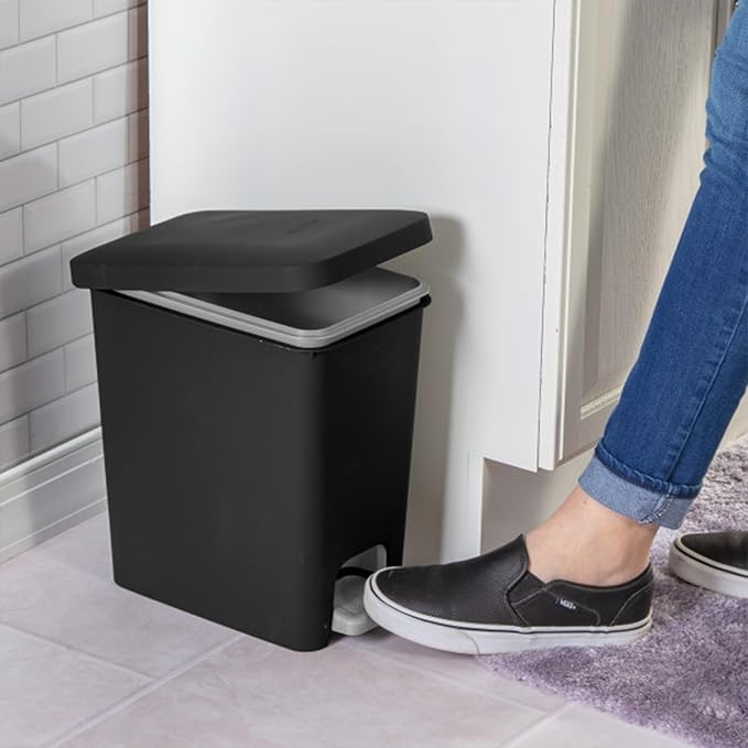 Sterilite 2.7 Gallon Rectangular Step On Kitchen Trash Bin Plastic Indoor Wastebasket with Removable Liner and Bag Holding Feature, Black (6 Pack)