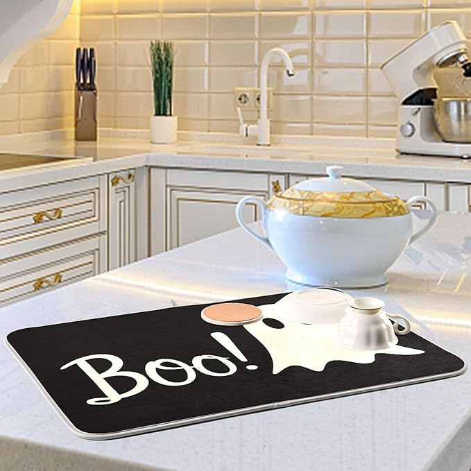Halloween Ghost Boo Dish Drying Mat for Kitchen Countertop 18x24 Spooky Black Large Drying Mat Reusable Quick Dry Dish Sink Mats Easy Clean Decorative Essentials
