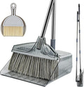 Broom with Dustpan Combo Set, Broom and Dustpan Set with Long Handle, Kitchen Broom for Sweeping Indoor Outdoor, Standing Dust Pan and Brush Broom Set for Home Office Lobby Floor Cleaning, Grey