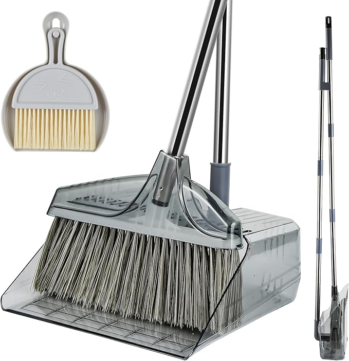 Broom with Dustpan Combo Set, Broom and Dustpan Set with Long Handle, Kitchen Broom for Sweeping Indoor Outdoor, Standing Dust Pan and Brush Broom Set for Home Office Lobby Floor Cleaning, Grey