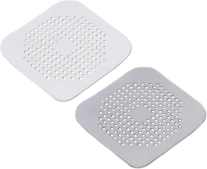 Drain Hair Catcher Square Silicone Trap Shower Drain Cover with Suction Cups for Bathroom Bathtub Kitchen Filter Flat Strainer, 2 Pack