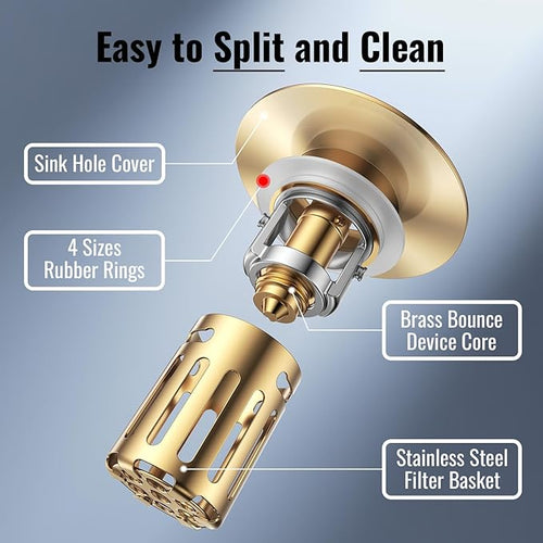 (2 Pc) Bathroom Sink Stopper-All Metal Sink Stopper-Universal Fit 99% Bathroom Stopper with Removable Stainless Steel Hair Catcher- Basin (1.1'' to 2.36'' inch) - Golden
