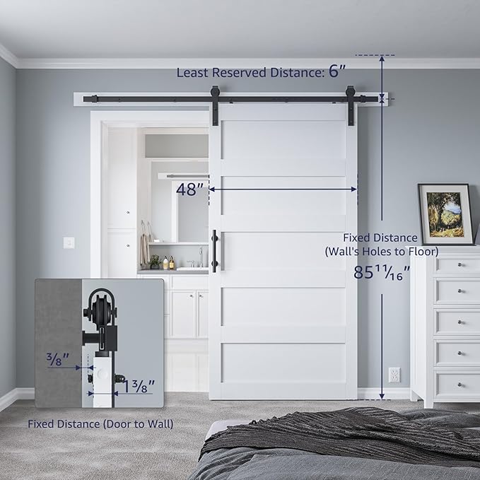 48in x 84in Sliding Barn Door with 8ft Barn Door Hardware Kit & Handle, Pre-Drilled Holes Easy Assembly -Solid Barn Door Slab Covered with Water-Proof PVC Surface, White, 5 Panel