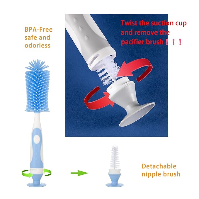 Chemimoso Multifunctional Cleaning Brush, Baby Bottle Brush, Bottle Brush Cleaner, Rotate The Suction Cup to Obtain The Small Bristle Brushes, Set X, Blue, Nylon and Nylon Brush