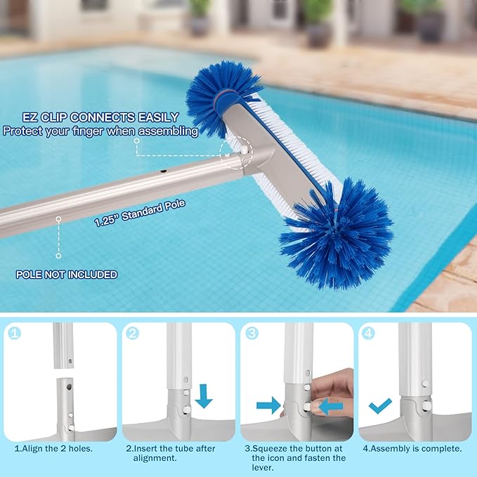 Professional Swimming Pool Brush Head, 17.5'' Aluminum Heavy Duty Pool Brushes for Cleaning Pool Walls, Tiles & Floors, Premium Nylon Bristles Brush with EZ Clips (Round Edge)