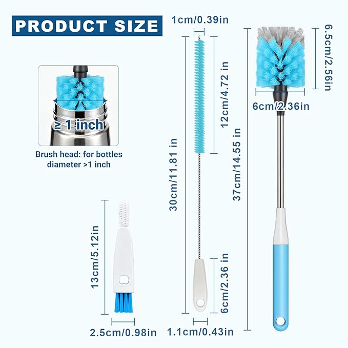 Water Bottle Brush 3-Piece Set, 15-inch Long Bottle Brush, Kitchen Brush Set with Straw Cleaner and Cup Lid Cleaning Brush. Bottle brushes suitable for water bottles, cups, glasses, baby bottles. Blue