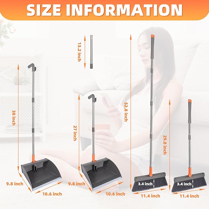 Ease of Assembly Broom and Dustpan Set, Self Cleaning with Metal Dustpan Teeth, Indoor&Outdoor Sweeping, Ideal for Dog Cat Pets Home Use, Stand Up Broom and Dustpan, Orange&Grey