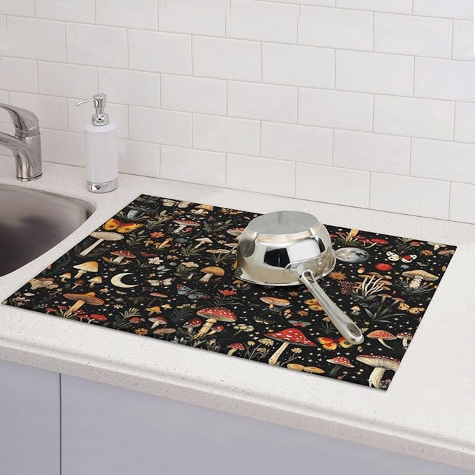 Black Forest Mushroom Butterfly Dish Drying Mats, Absorbent Microfiber Cute Decorative Kitchen Counter Mat, Washable, Reusable, Foldable for Dishes Utensils, Small Appliances, Home Decor, 18 x 24 inch