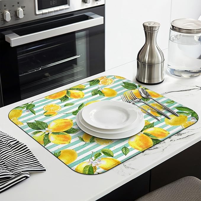 Lemon Dish Drying Mat for Kitchen Counter,Striped Background Yellow Lemon Floral Microfiber Summer Drying Mat, Washable Absorbent Kitchen Countertop Dish Drainer Mat,16×18 Inch