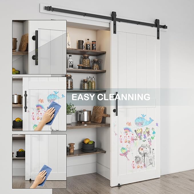 34''x84'' Sliding Barn Door with 6 Ft Barn Door Hardware Kit& Handle& Floor Guides,Pre-Drilled Holes Easy Assembly - Include Installation Manual, Water-Proof PVC Surface, H-Frame, White