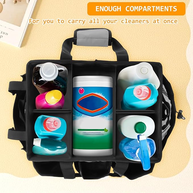 Wearable Cleaning Caddy Organizer with Handle & Shoulder Straps for Cleaners, 5 Compartments, Housekeeping Tote for Kitchen & Bathroom, Car Tool Caddy Organizer Bag (gray)