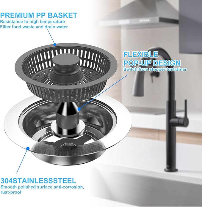 3 in 1 Kitchen Sink Drain Strainer & Sink Stopper, Anti-Clogging Sink Food Catcher Basket, Anti-Clog & Odor-Proof Drain Filter, Fits 3-1/2 Inch Sink Drain Holes (Silver-1Pack)