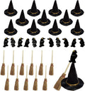 36 Pcs Mini Witch Hats Small Straw Brooms and Miniature Resin Crows Tiny Witch Accessories Set Dollhouse Table Decorations for Cupcake Topper DIY Crafts Halloween Decor Supplies
