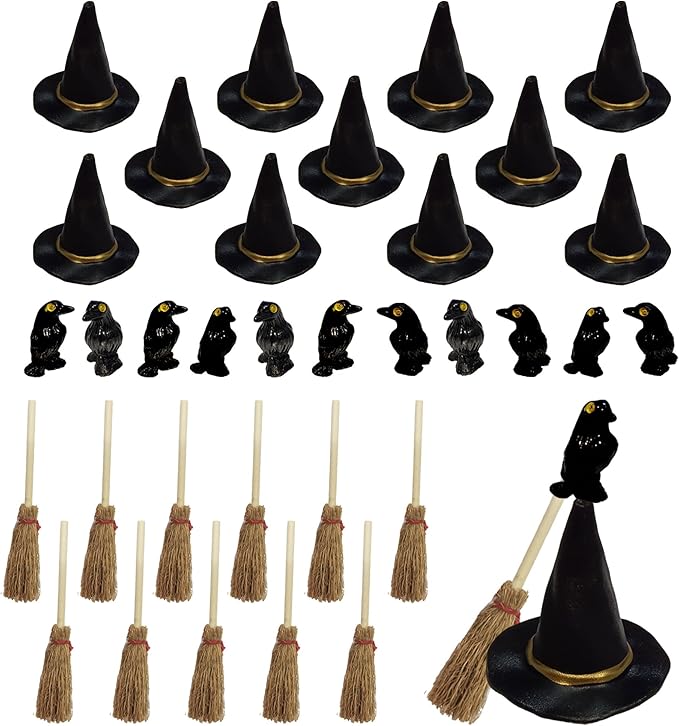 36 Pcs Mini Witch Hats Small Straw Brooms and Miniature Resin Crows Tiny Witch Accessories Set Dollhouse Table Decorations for Cupcake Topper DIY Crafts Halloween Decor Supplies