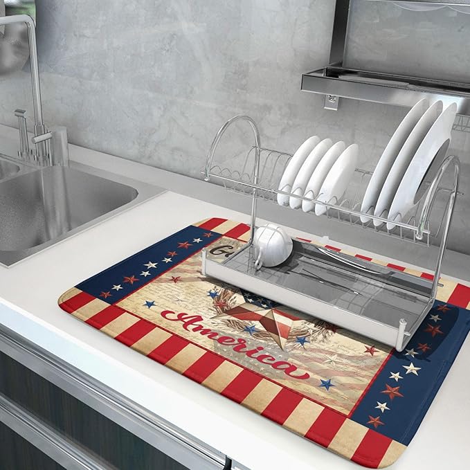4th of July God Bless Dish Drying Mat for Kitchen Counter,American Flag Star Patriotic Independence Day Drying Mat 18 x 24 Inch with Absorbent Reversible Microfiber Drying Pad for Coffee Bar