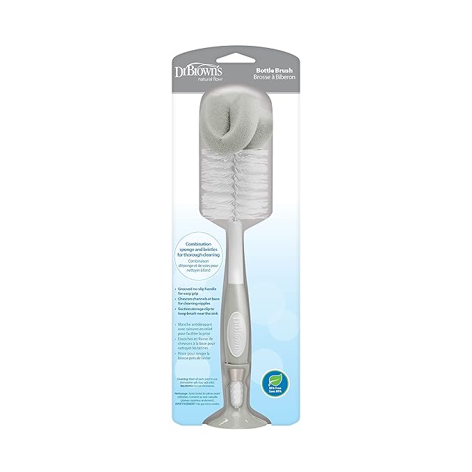 Dr. Brown's Baby Bottle Cleaning Brush with Sponge, Scrubber and Nipple Cleaner, Grey 12 Pack